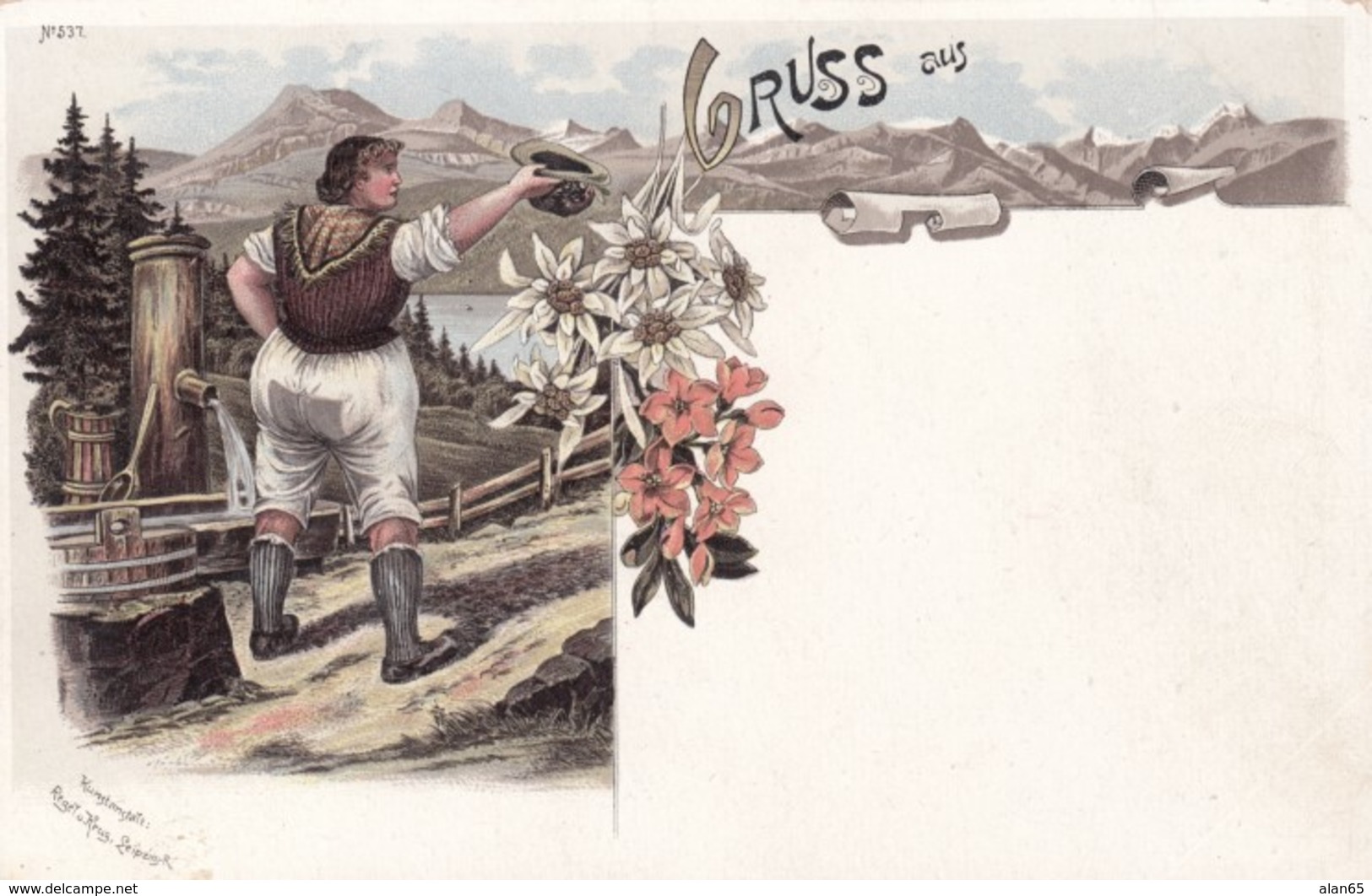Gruss Aus. . . German Language Greetings Woman In Traditional Fashion, Leipzig Published C1890s/1900s Vintage Postcard - Greetings From...