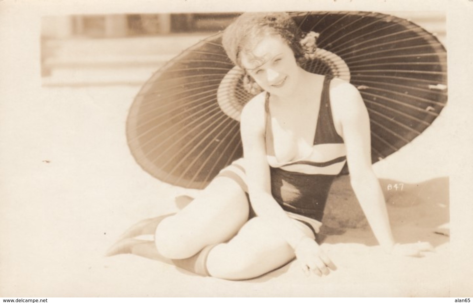 Woman In Swimsuit At Beach With Umbrella, Fashion 'Bathing Beauty', C1910s Vintage Real Photo Postcard - Fashion