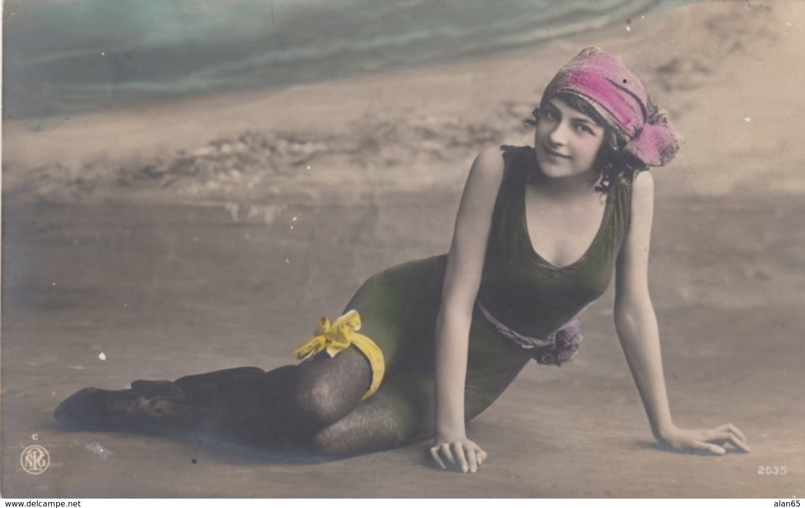 Woman In Swimsuit Laying In Surf At Beach, Fashion 'Bathing Beauty', C1900s/10s Vintage Real Photo Postcard - Fashion