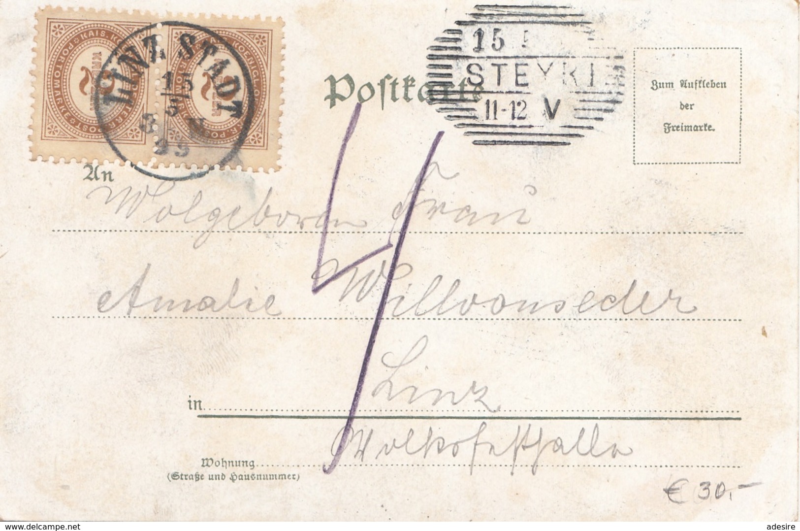 ÖSTERREICH NACHPORTO 1899 - 2x2 Kreuzer (PortoAnk2) Nachporto Auf Litho Ak Im Krug Zum Grünen Kranze, Künstler ... - Errors & Oddities