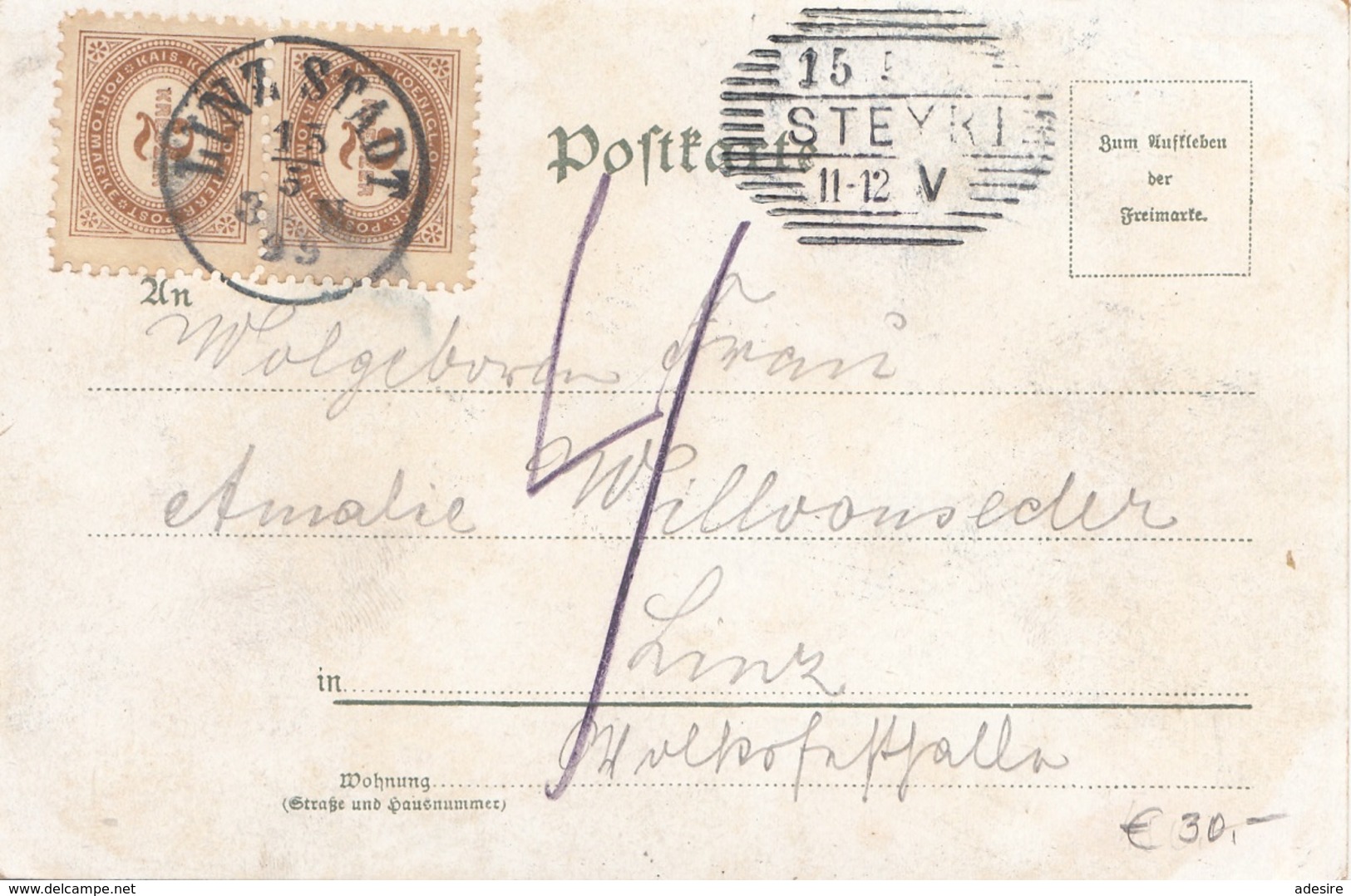 ÖSTERREICH NACHPORTO 1899 - 2x2 Kreuzer (PortoAnk2) Nachporto Auf Litho Ak Im Krug Zum Grünen Kranze, Künstler ... - Abarten & Kuriositäten