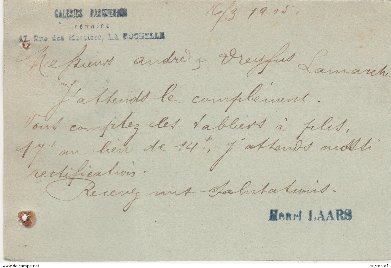 Carte Commerciale 1905 / Entier Semeuse Lignée / Henri LAARS / Galeries Parisiennes Rue Des Merciers / 17 La Rochelle - Autres & Non Classés