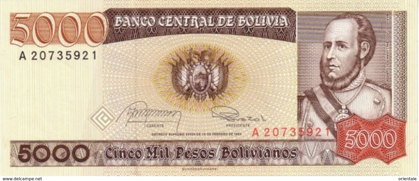 BOLIVIA P. 168a 5000 B 1984 UNC - Bolivie