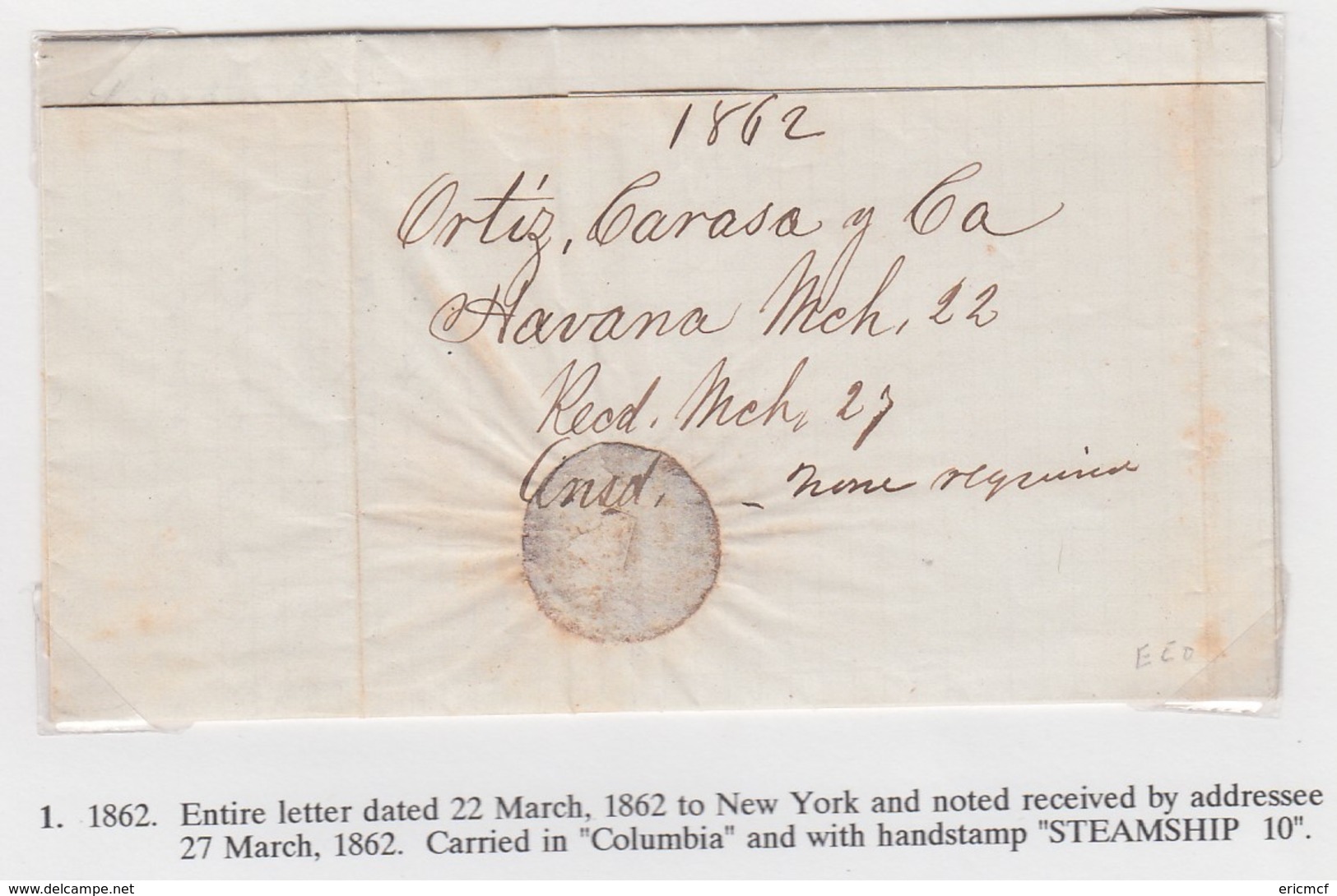 USA New York 1862 Steamship 10 Cover - Postal History