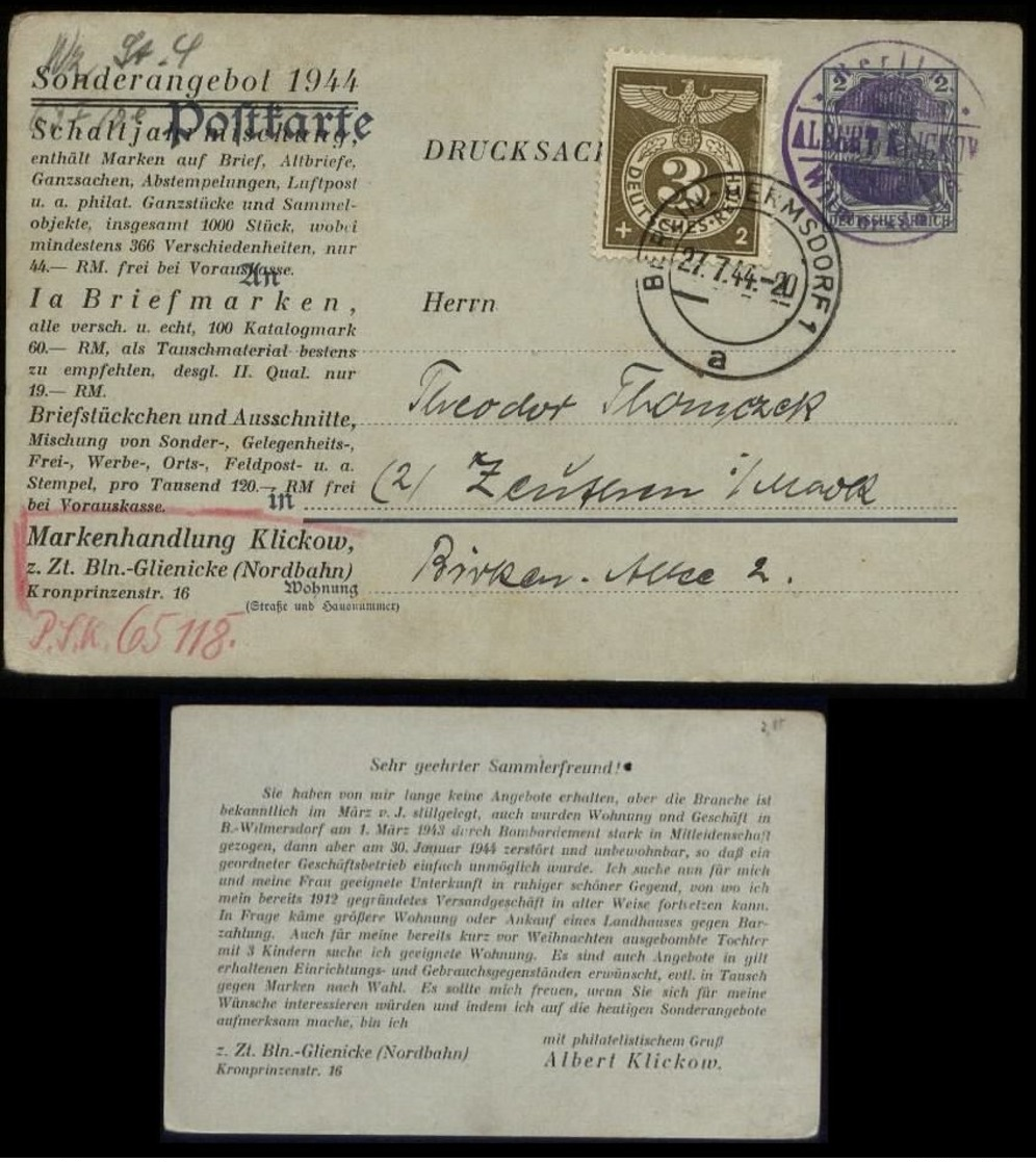 S6199 - DR 2 Pfg Germania Not GS Als Werbe Postkarte + Marke , Aufgebraucht Mit Zudruck Klickow Berlin ,Ausgebomt 1944 - Sonstige & Ohne Zuordnung