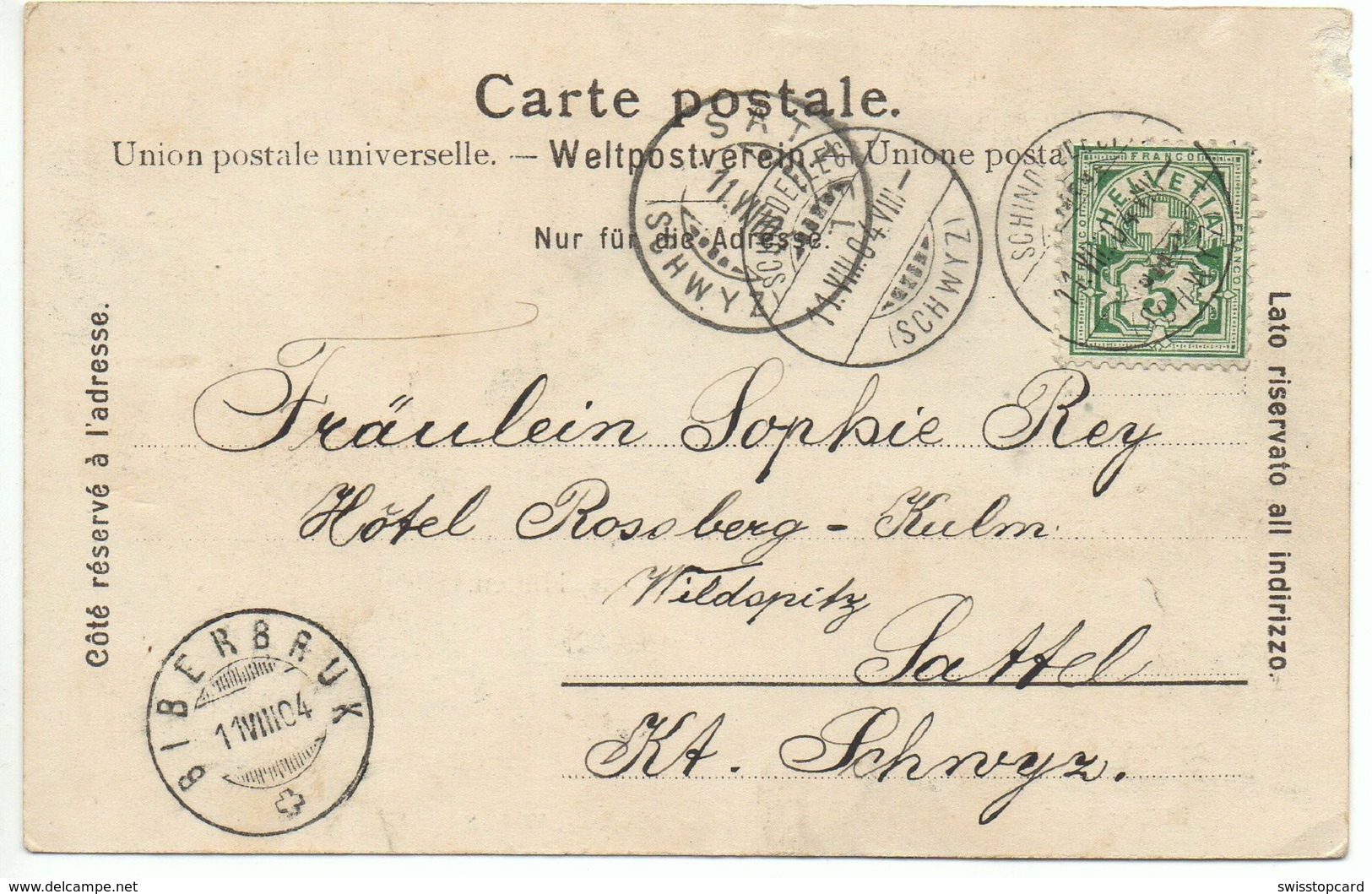 Gruss Aus HÜTTEN Hüttner-Seeli Sihltal Gel. 1904 V. Schindellegi (Schwyz) N. Sattel Hotel Rossberg Stempel Biberbruk - Hütten