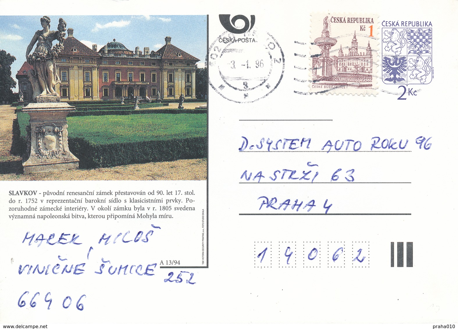 N0555 - Czech Rep. (1996) 602 00 Brno 2 (picture Postcard) Tariff: 3,00 CZK (chateau Austerlitz; Text: The Peace Mound) - Napoleon