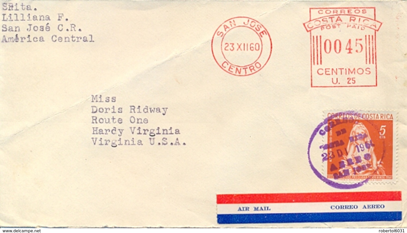 Costa Rica 1960 Cover To USA With Meter Cancel 45 Cts + Stamp 5 Cts Folded Envelope - Costa Rica