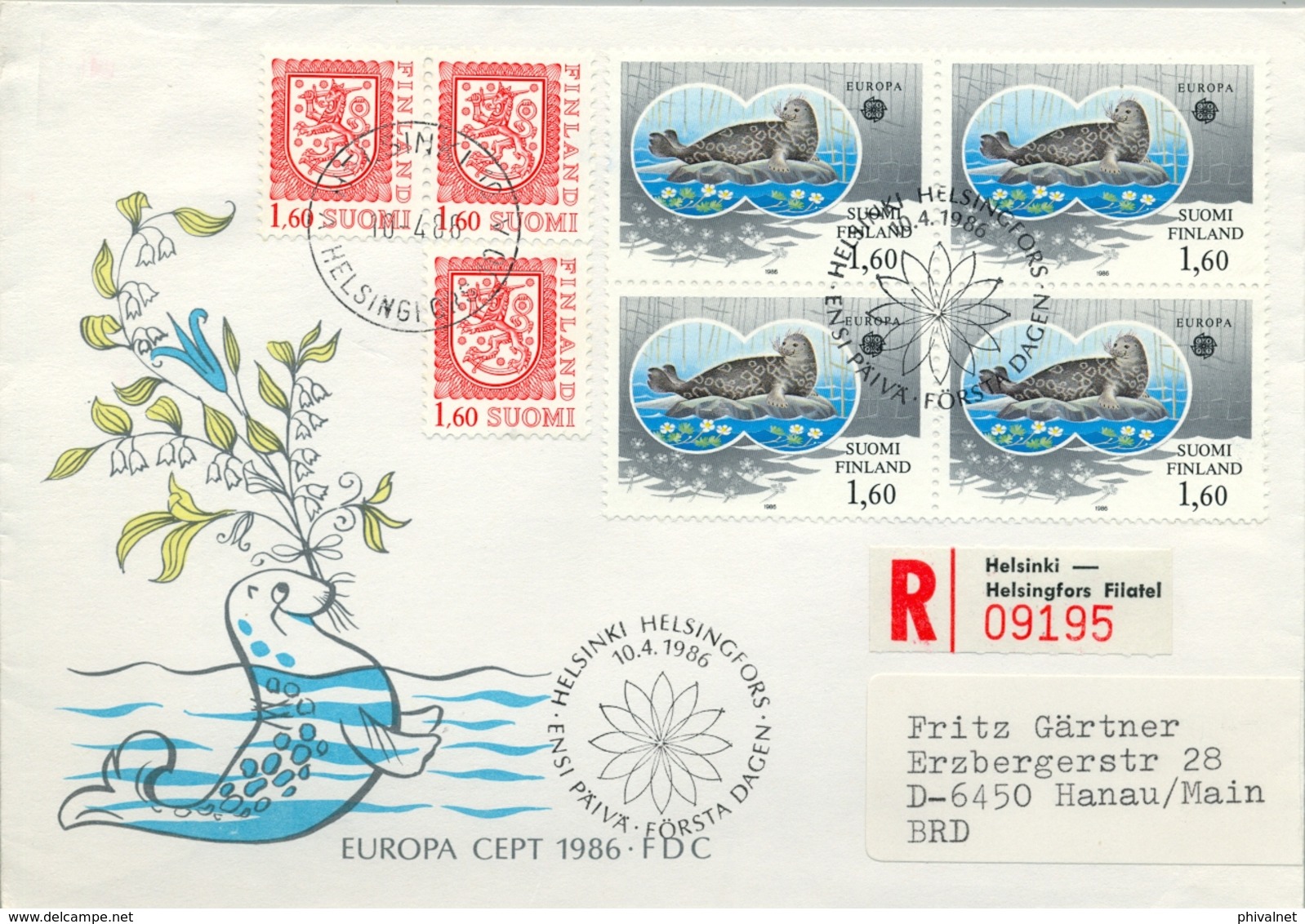 1986 , FINLANDIA ,  , YV. 949 BL / 4  ,  TEMA EUROPA , FOCA , FAUNA MARINA - FDC