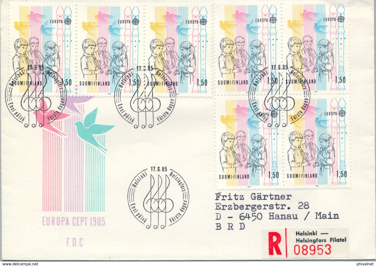 1985 , FINLANDIA ,   YV. 932 BL / 4  ,  TEMA EUROPA , AÑO EUROPEO DE LA MÚSICA - FDC