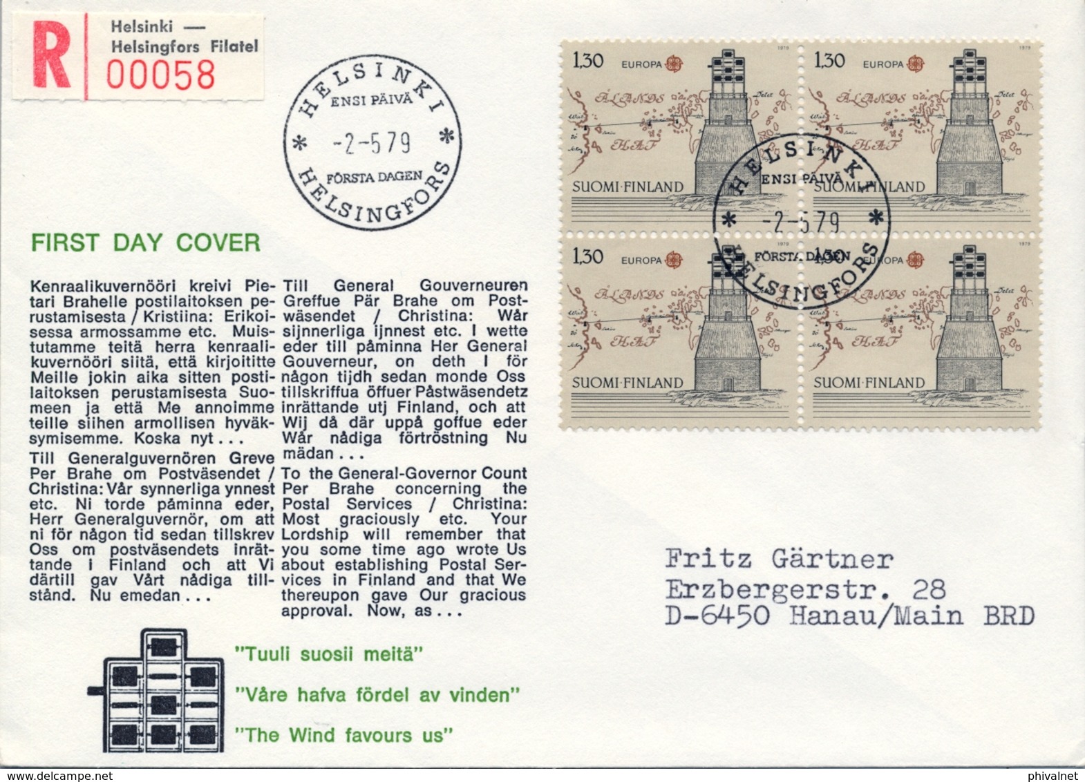 1979 , FINLANDIA ,   YV. 807 BL / 4 , SOBRE DE PRIMER DIA , HISTORIA DEL CORREO POSTAL - FDC