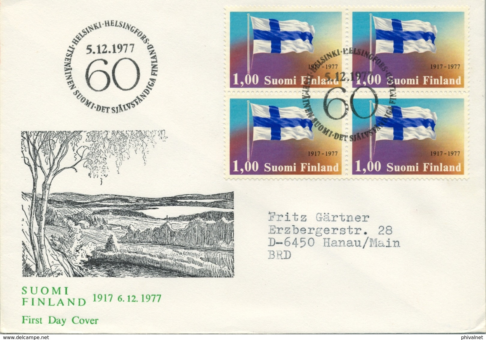 1977 , FINLANDIA ,   YV. 783 BL / 4 , SOBRE DE PRIMER DIA , BANDERAS , 60 ANIV. DE LA INDEPENDENCIA - FDC