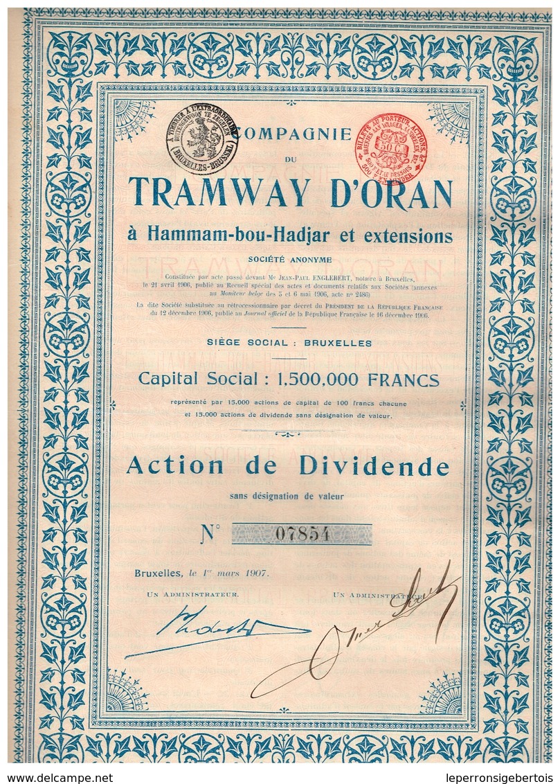 Action Ancienne - Tramways D'Oran à Hammam-bou-Hadjar Et Extensions - Titre De 1907 - N° 07854 - VF - Chemin De Fer & Tramway