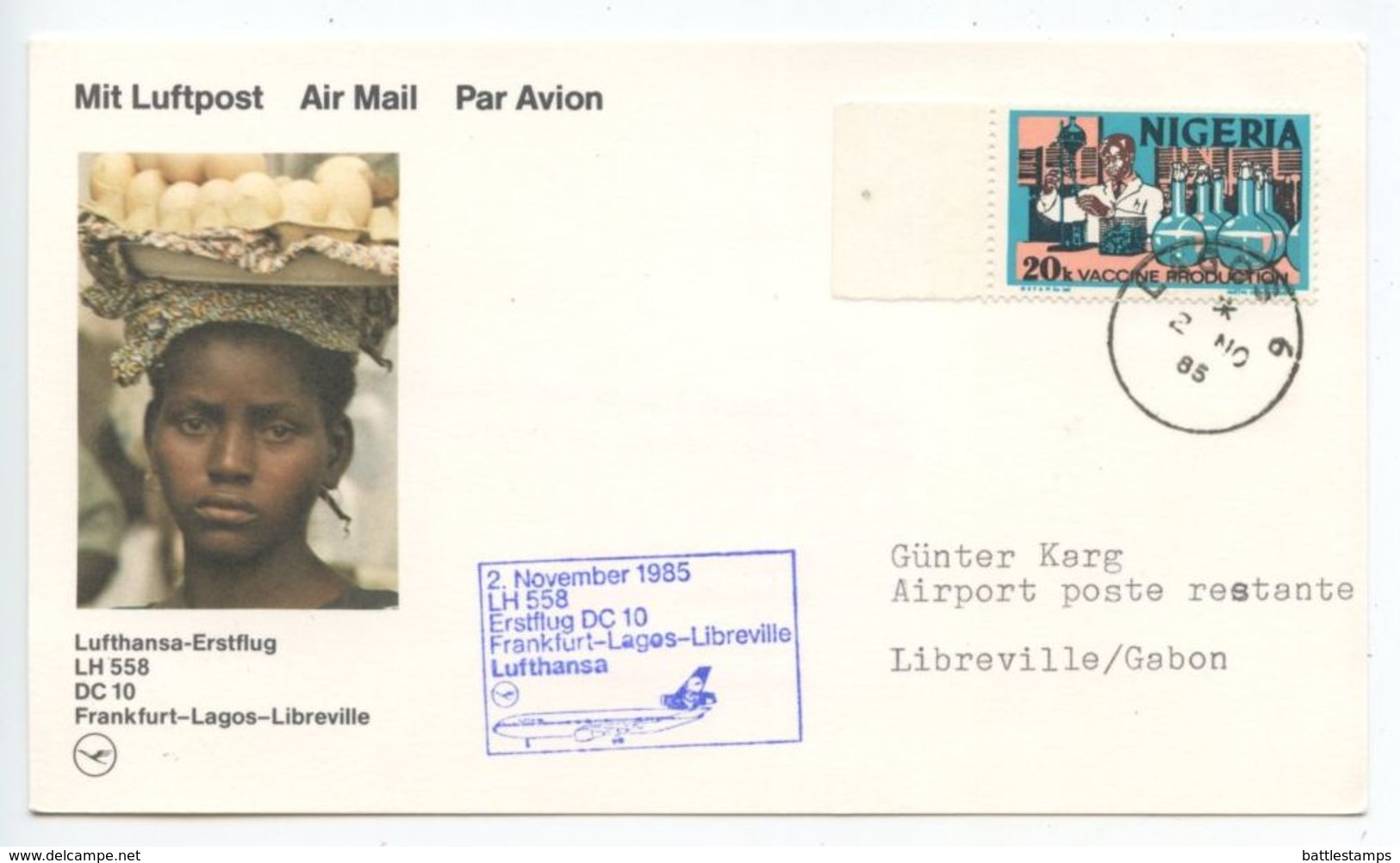 Nigeria 1985 Lufthansa LH 558 DC 10 1st Flight Cover Lagos To Libreville Gabon - Nigeria (1961-...)