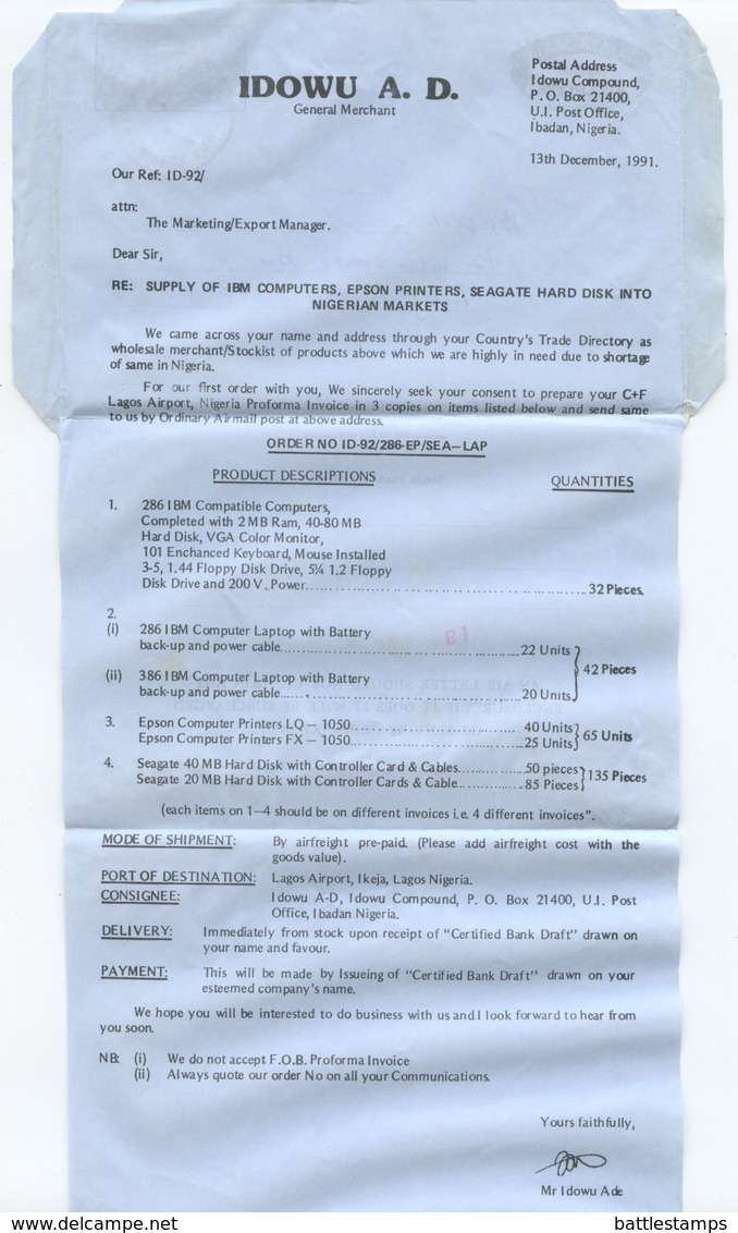 Nigeria 1991 Stone Quarry Aerogramme Victoria Island To Albany New York - Nigeria (1961-...)