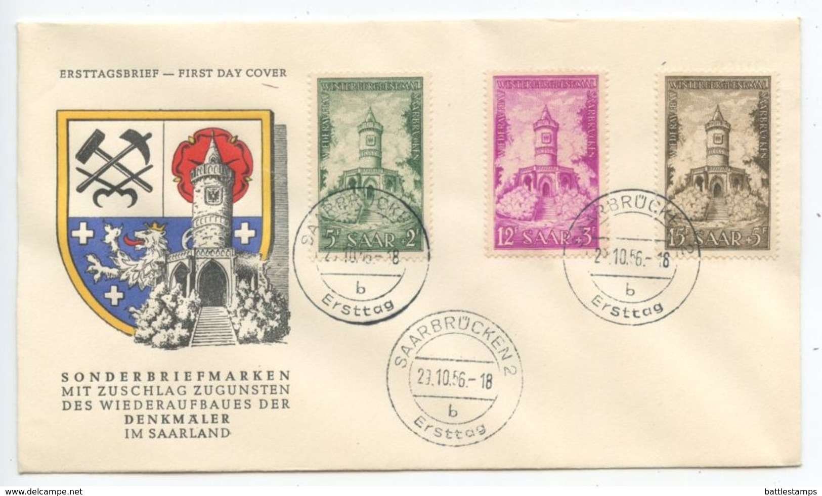 Saar 1956 FDC Scott B111-B113 Winterberg Monument - FDC