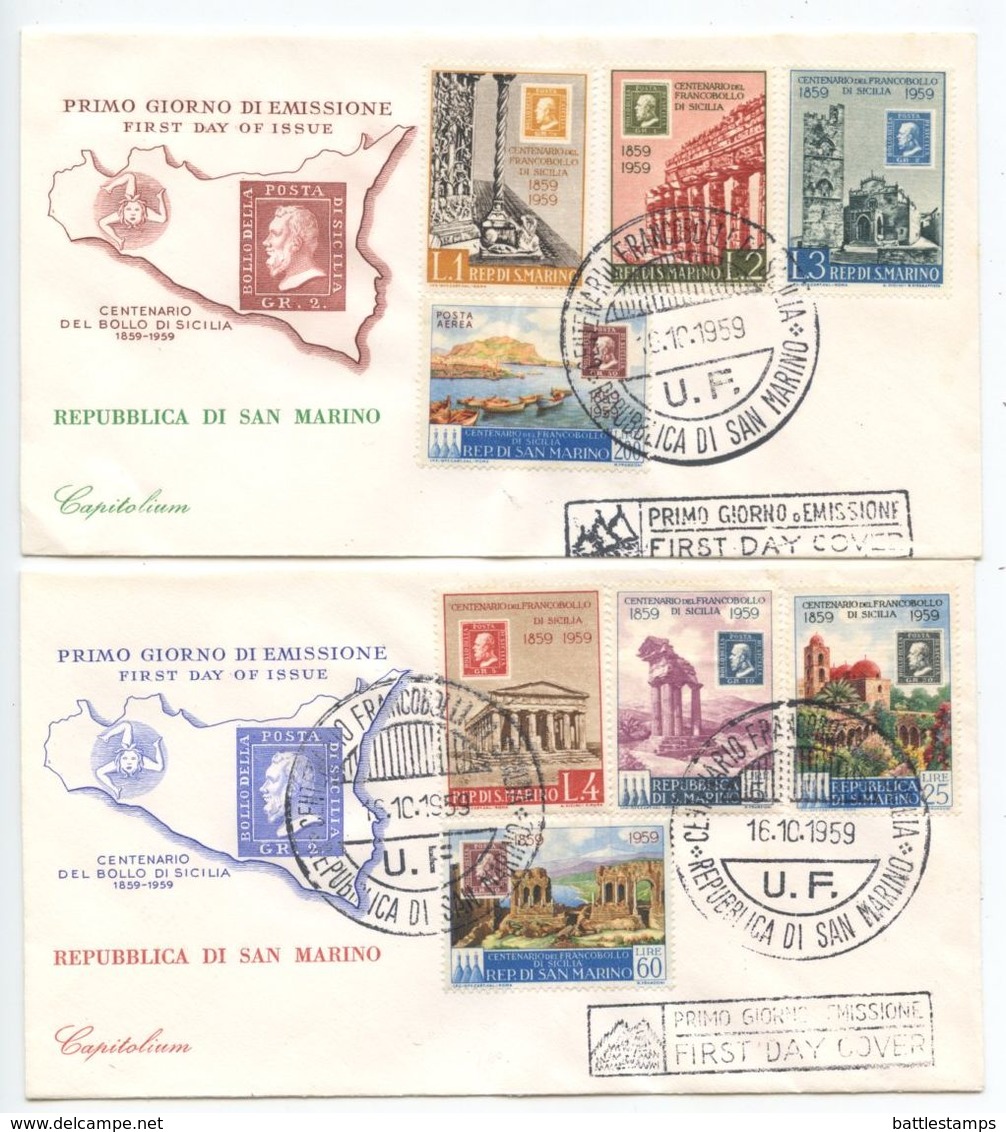 San Marino 1959 2 FDCs Scott 439-445, C110 Centenary Of Stamps Of Sicily - FDC