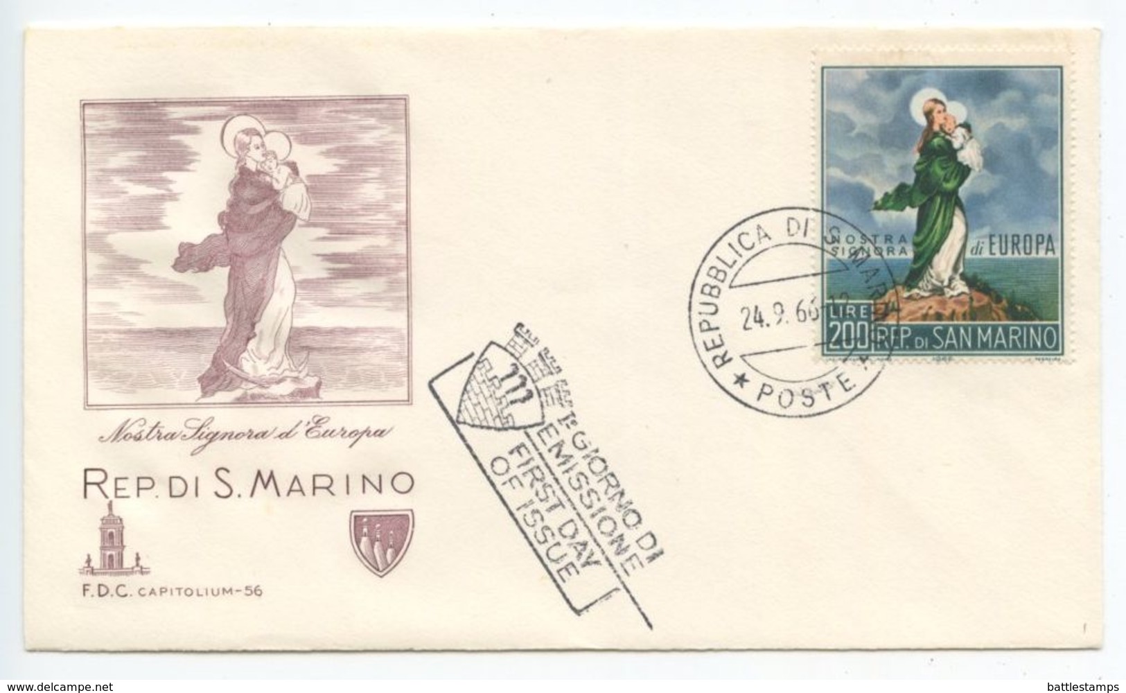San Marino 1966 FDC Scott 653 Europa - Our Lady Of Europe - FDC