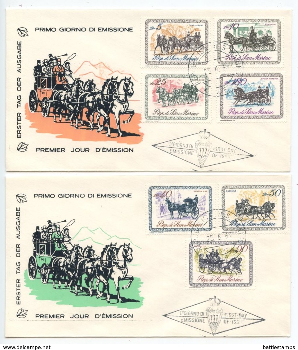 San Marino 1969 2 FDCs Scott 703-709 19th Century Horse-Drawn Coaches - FDC