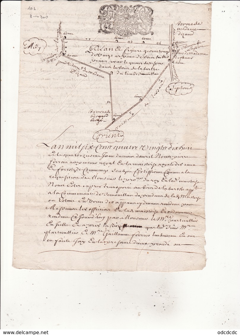 14 Avril 1698 Procés Verbal De Bornage Du Quart De Reserve Du Bois De Samouillan Avec Plan Geometrique ( 4 Scans ) - Cachets Généralité