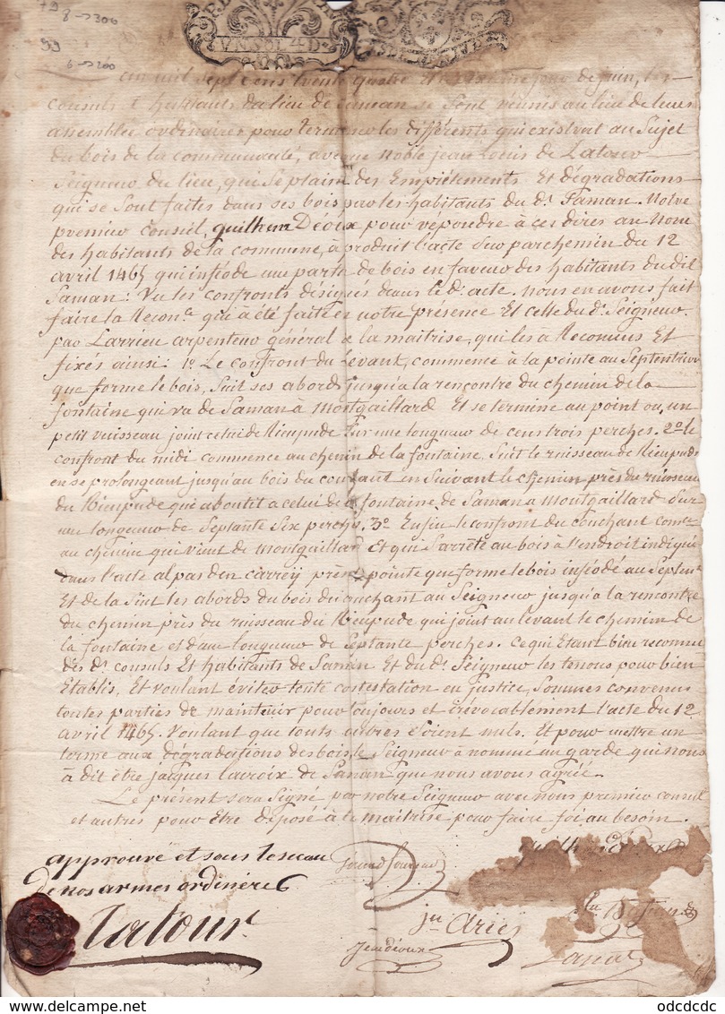 3 Juin 1734 Acte De Fixation Des Limites Foret De Saman Et Seigneur Sceau 2 Scans - Cachets Généralité