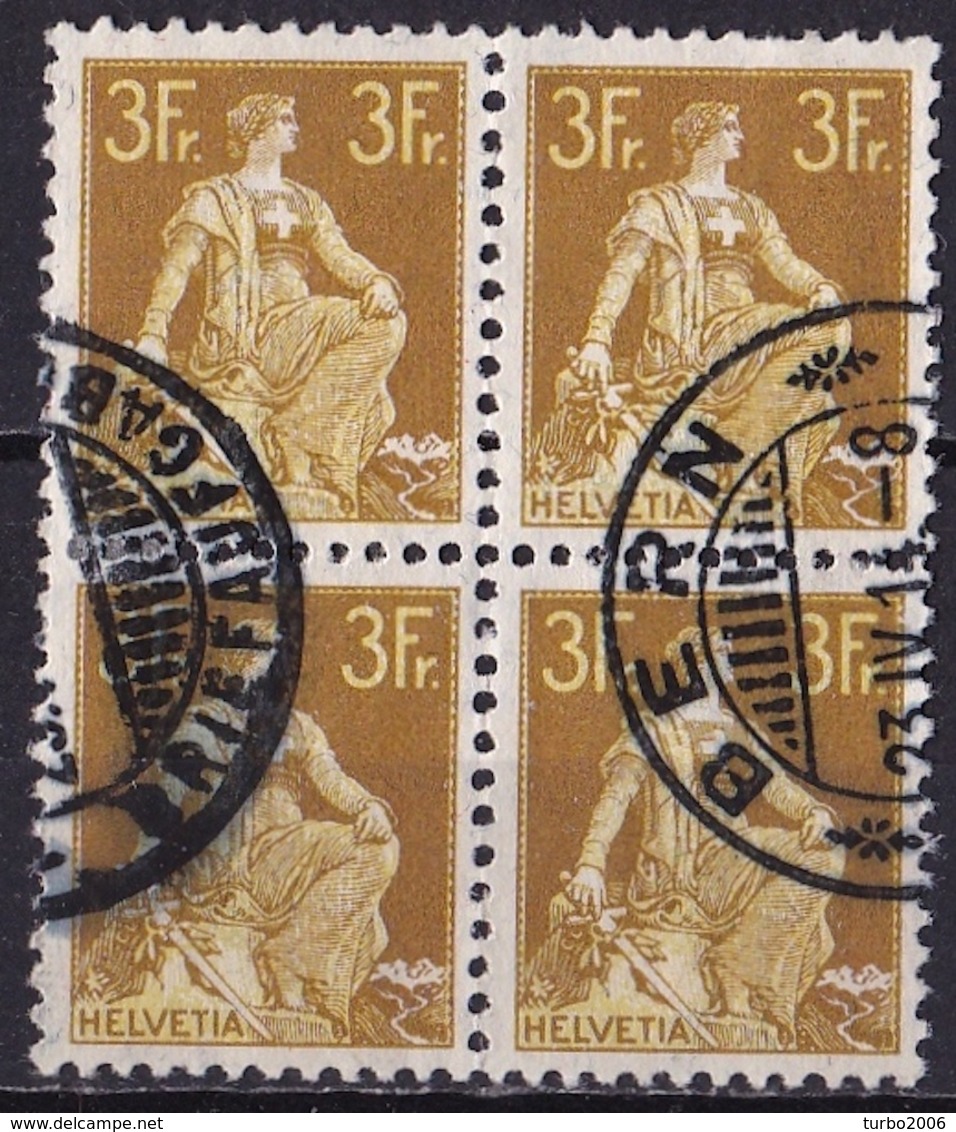Switzerland / Schweiz / Suisse : 1908  Stehende Helvetia 3  Fr Braun/gelb Viererblock Michel 110 X - Gebruikt