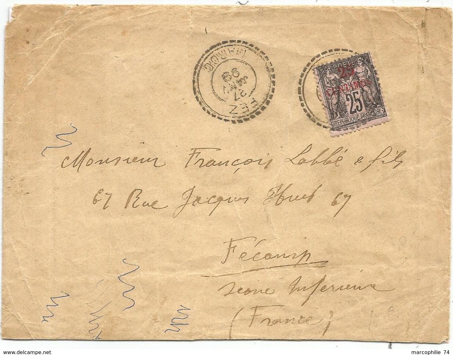 MAROC SAGE 25C SURCHARGE 25C LETTRE FACTEUR BOITIER FEZ 27 JANV 1899 POUR FECAMP - Covers & Documents