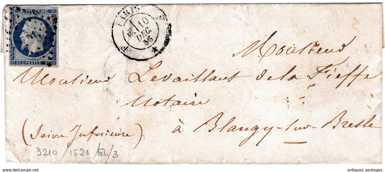 Lettre Paris 1856 Blangy Sur Bresle Seine Maritime Levaillant De La Fieffe Notaire - 1853-1860 Napoleon III