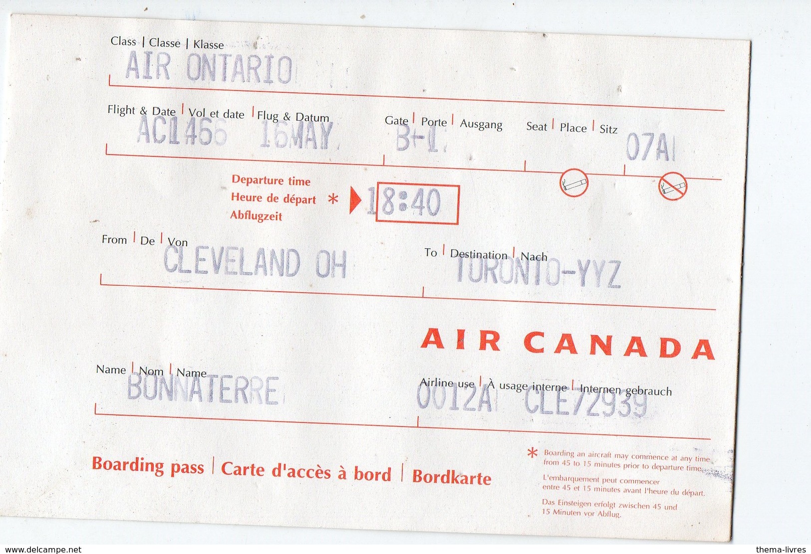 AIR CANADA : Billet D'avion Cleveland Toronto (PPP16576) - Monde