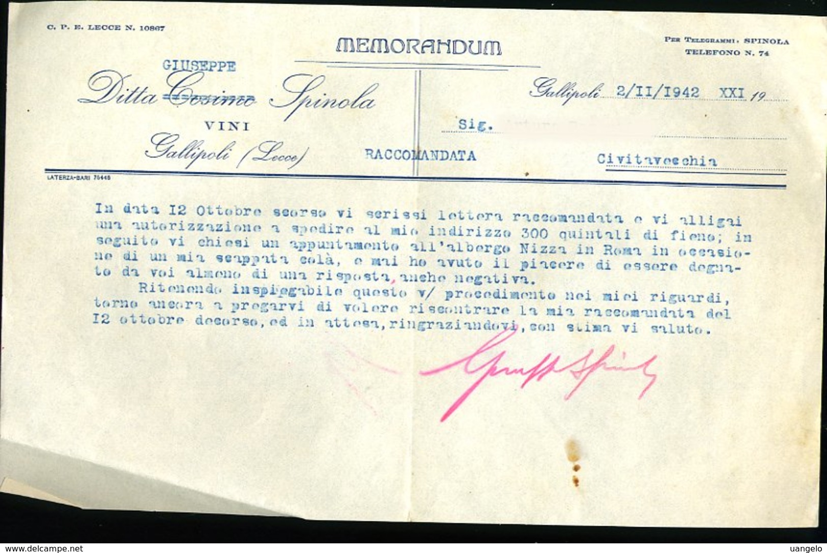 199 GALLIPOLI 1942, MEMORANDUM DITTA COSIMO ( SOST. CON GIUSEPPE) SPINOLA  VINI - Italia