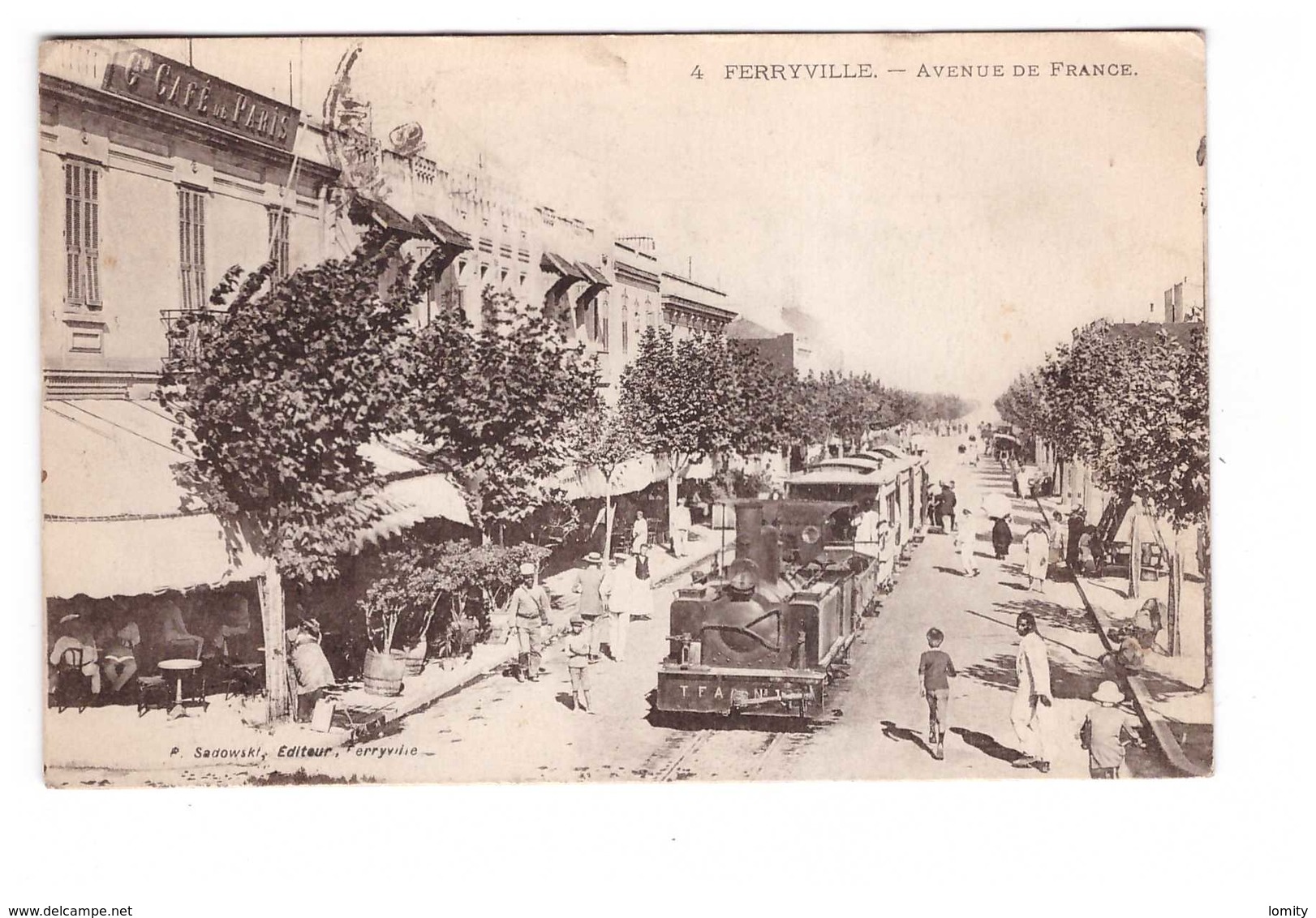 Train Locomotive à Vapeur Dans Rue Ferryville Avenue De France Tunisie Cachet Militaire Ferryville 1919 Chemin De Fer - Gares - Avec Trains