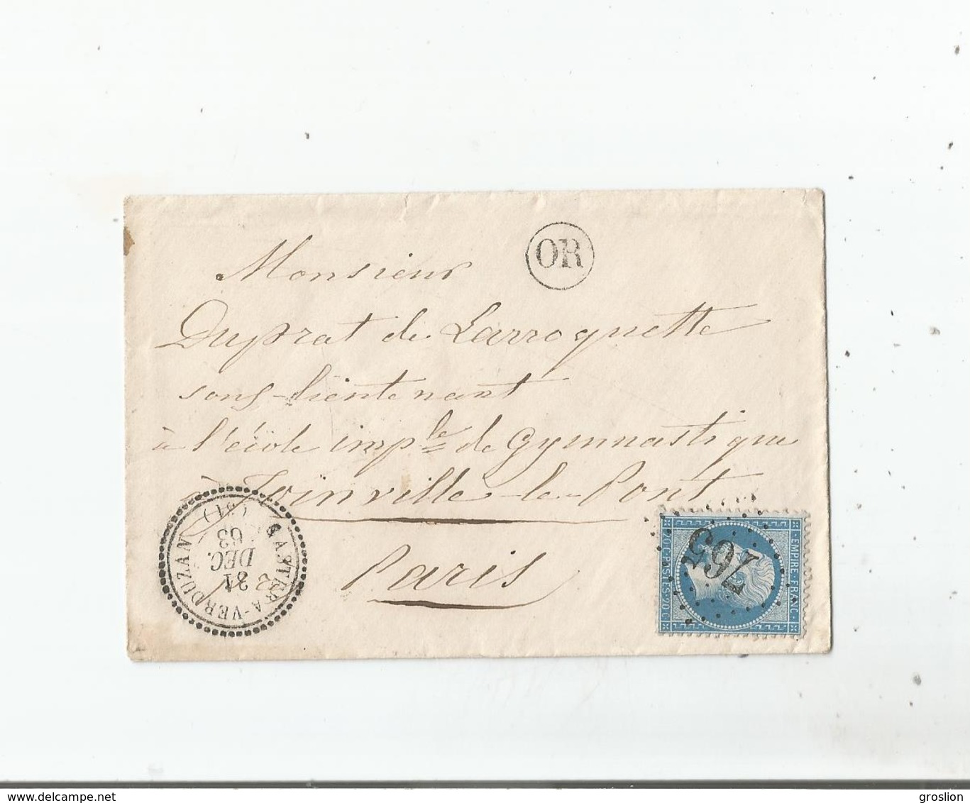 LETTRE AVEC TIMBRE 20 C BLEU NAPOLEON III  (EMPIRE FRANC) GROS CHIFFRES CASTERA VERDUZAN (GERS) 765  ORIGINE RURALE 1863 - 1849-1876: Période Classique