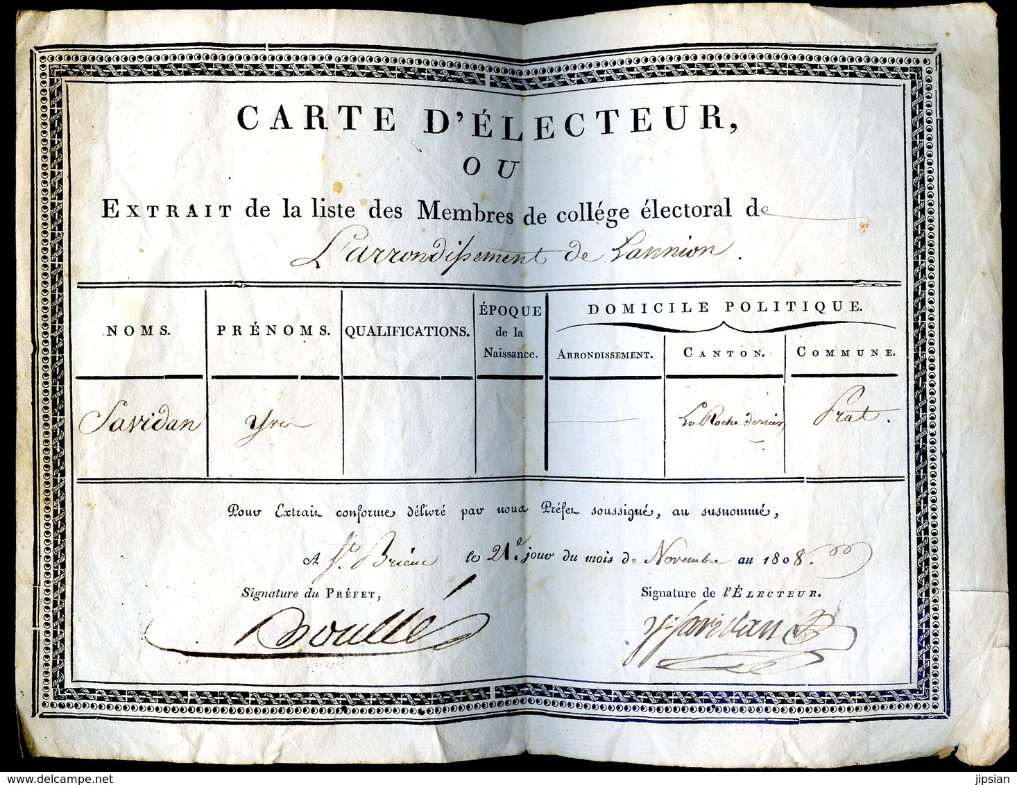 Carte D' électeur 1er Empire  Année 1808 Prat La Roche Derrien     --- KX - Documents Historiques