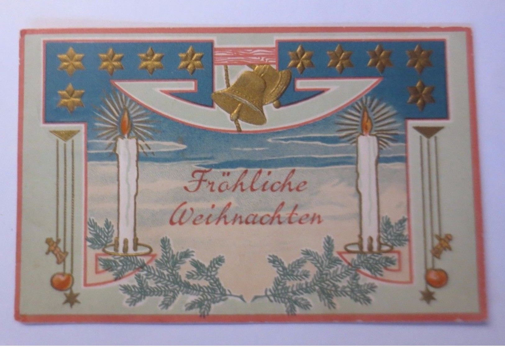 "Weihnachten, Kerzen, Glocken, Tannenzweig"  1910, Prägekarte  ♥  - Sonstige & Ohne Zuordnung