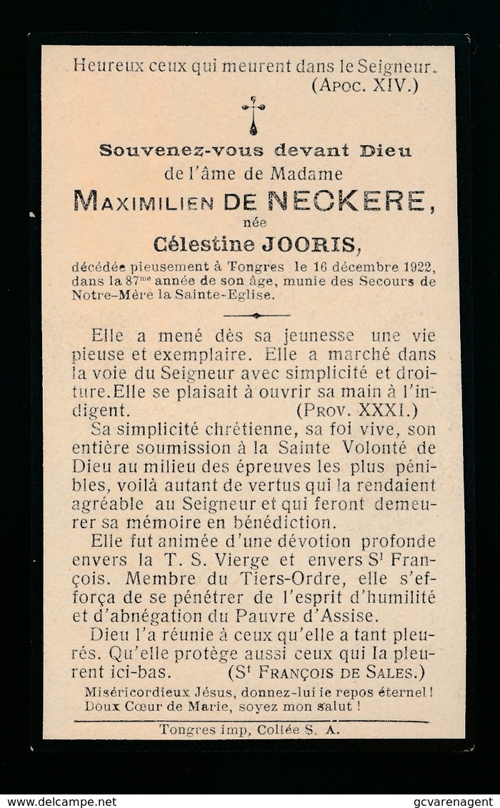 ADEL NOBLESSE  :  CELESTINE JOORIS    TONGEREN 1922   87 JAAR OUD - Décès