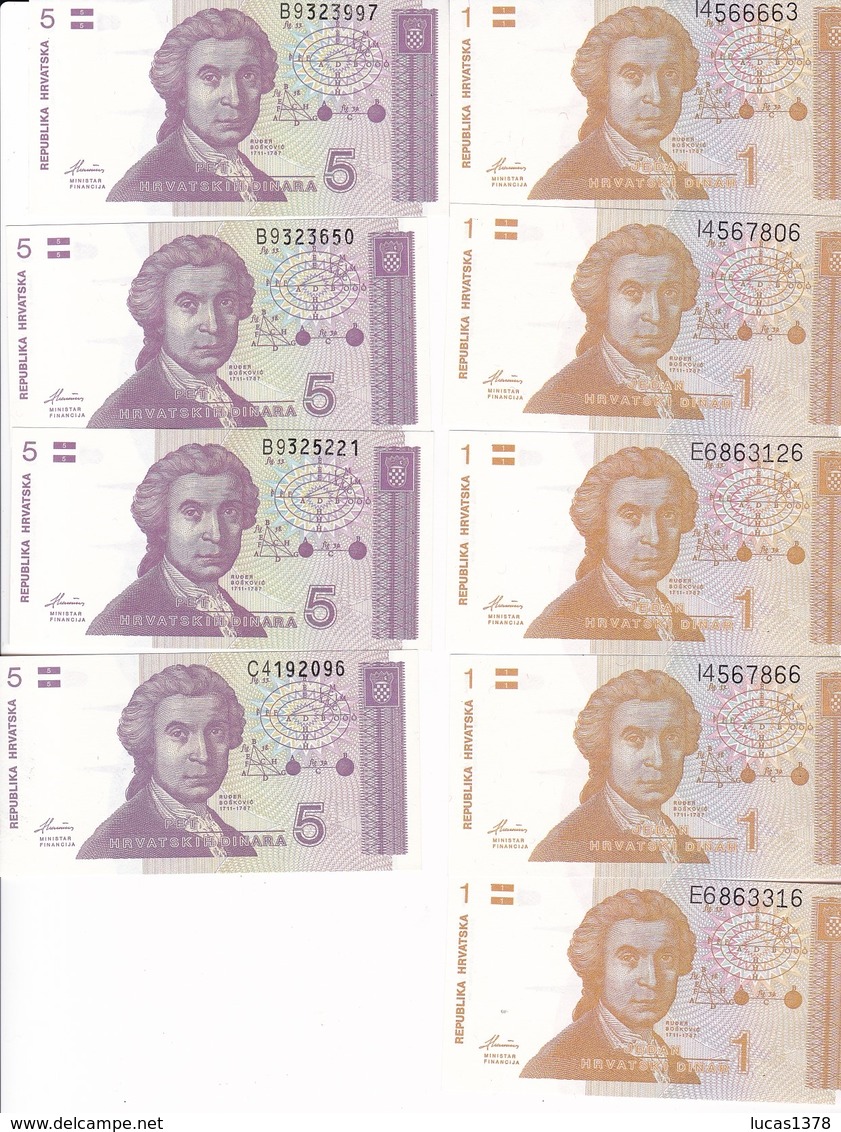 9 BILLETS NEUFS CROATIE 4X5 DINARA ET 5X10 DINARA / 1991 - Croatie