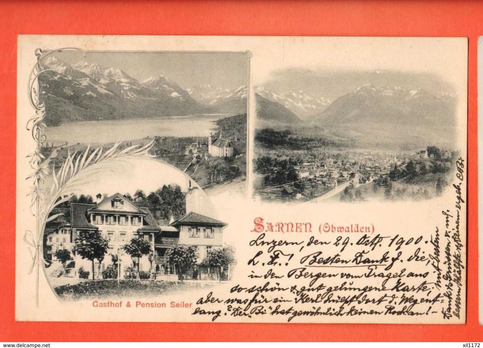 VAE-32 Sarnen Obwalden, Litho Gasthof Pension Seiler. Pionier. Gelaufen 1900 - Sarnen