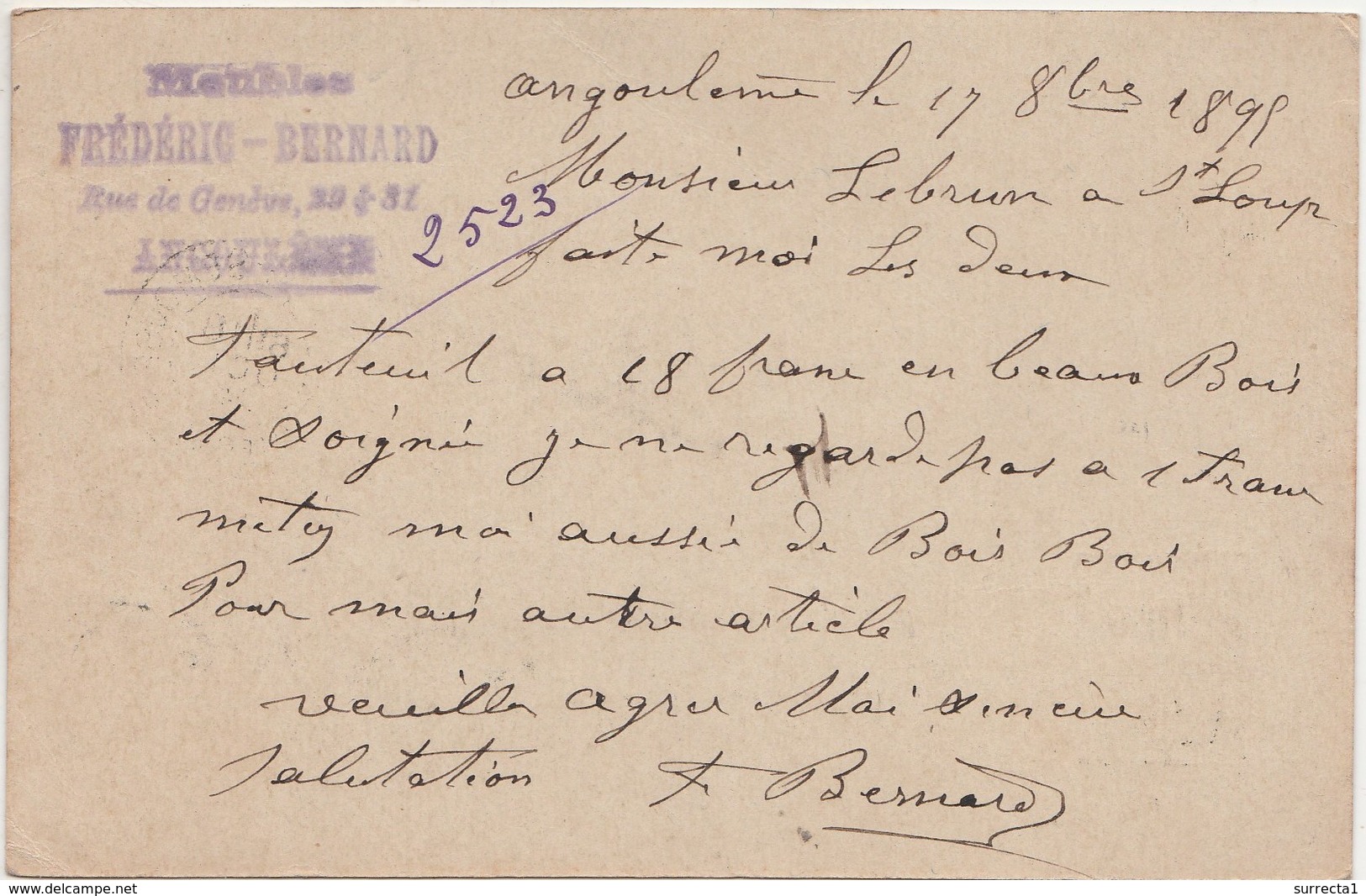 Carte Commerciale 1895 / Entier / FREDERIC BERNARD / Meubles / Rue De Genève / 16 Angoulême Charente - Autres & Non Classés