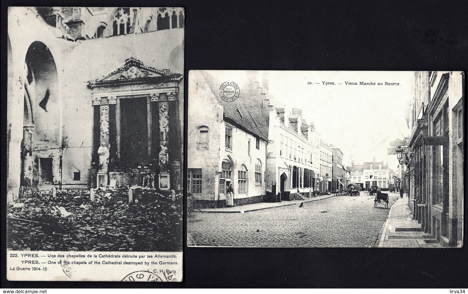 LOT 2 CPA ANCIENNES BELGIQUE- YPRES- VIEUX MARCHÉ AU BEURRE + EGLISE EN RUINE- ARMÉE FRANCAISE EN BELGIQUE- 2 SCANS - Autres & Non Classés