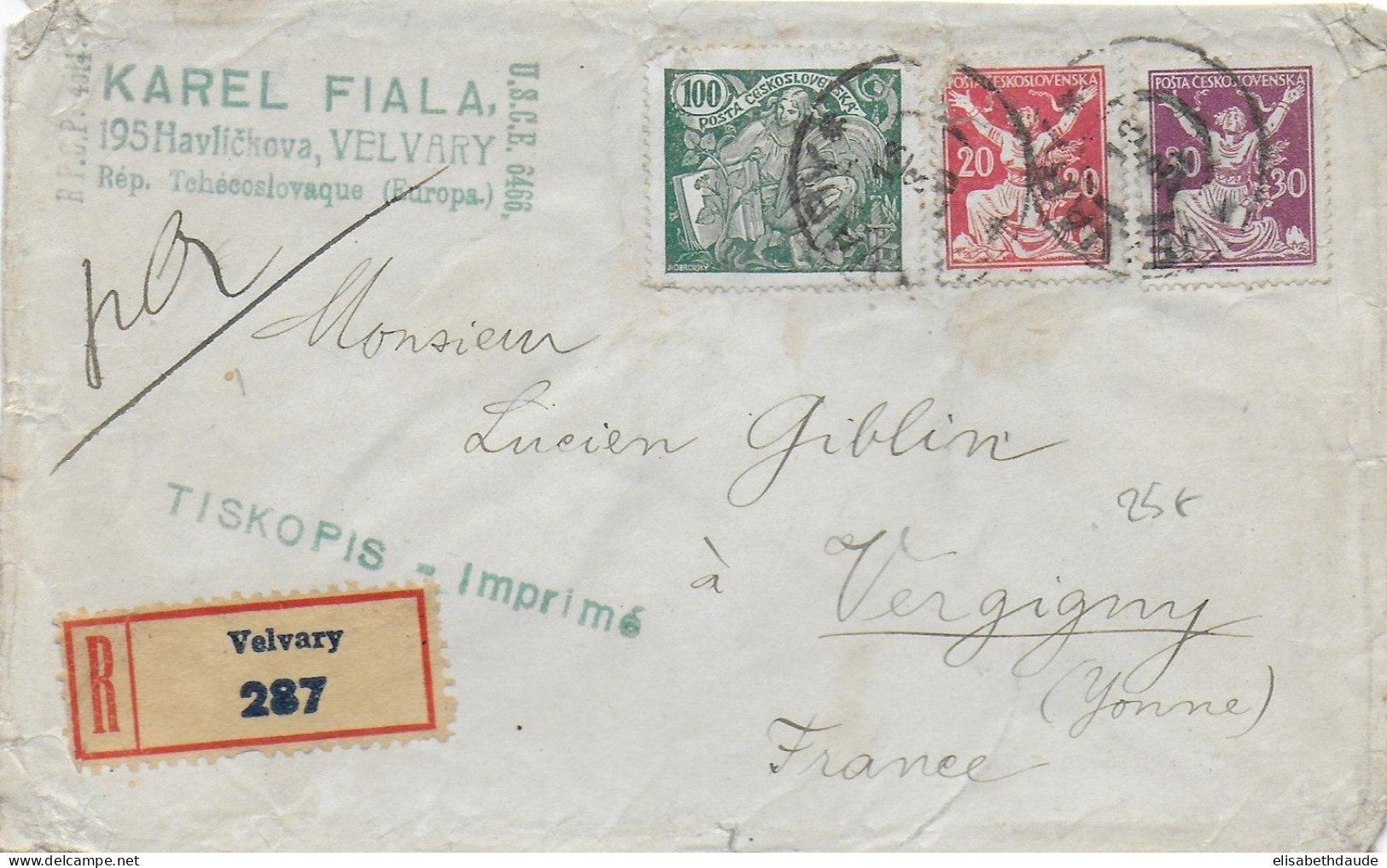 TCHECOSLOVAQUIE - 1920 - LETTRE RECOMMANDEE De VELVARY => VERGIGNY (YONNE) - TRICOLORE - Covers & Documents