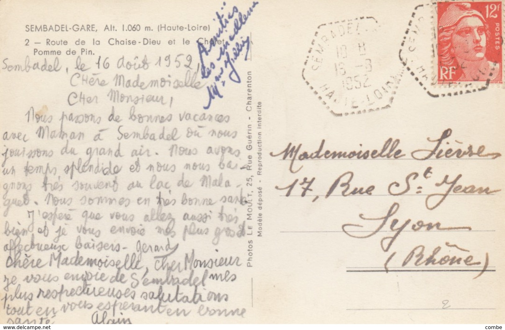 CARTE.  CACHET PERLÉ HEXAGONAL. AGENCE POSTALE. HAUTE-LOIRE SEMBADEL - 1921-1960: Modern Period