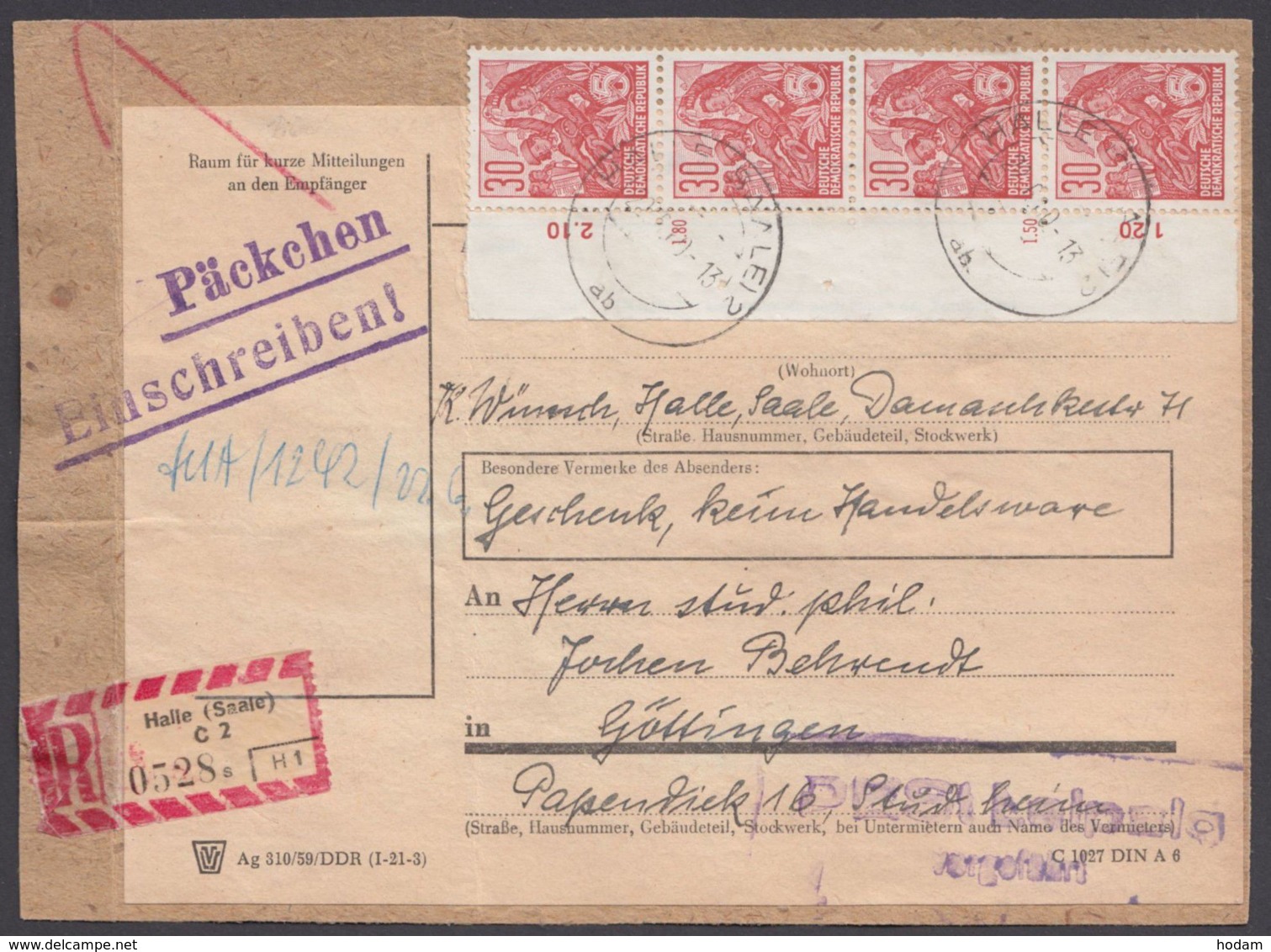 Mi-Nr. 582 B, Senkr. Rand-4er Streifen Auf R-Päckchen Mit Überwachungsstempel - Briefe U. Dokumente