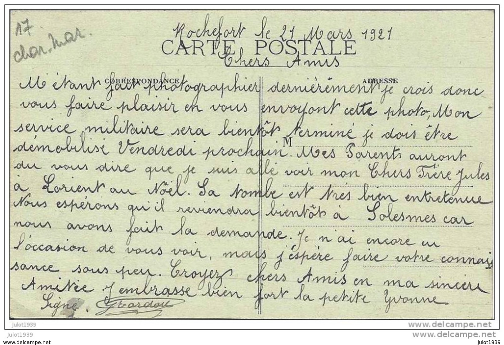 ROCHEFORT ..-- 17 . CHARENTE MARITIME ..-- 1921 Vers SOLESME . Voir Verso . - Rochefort