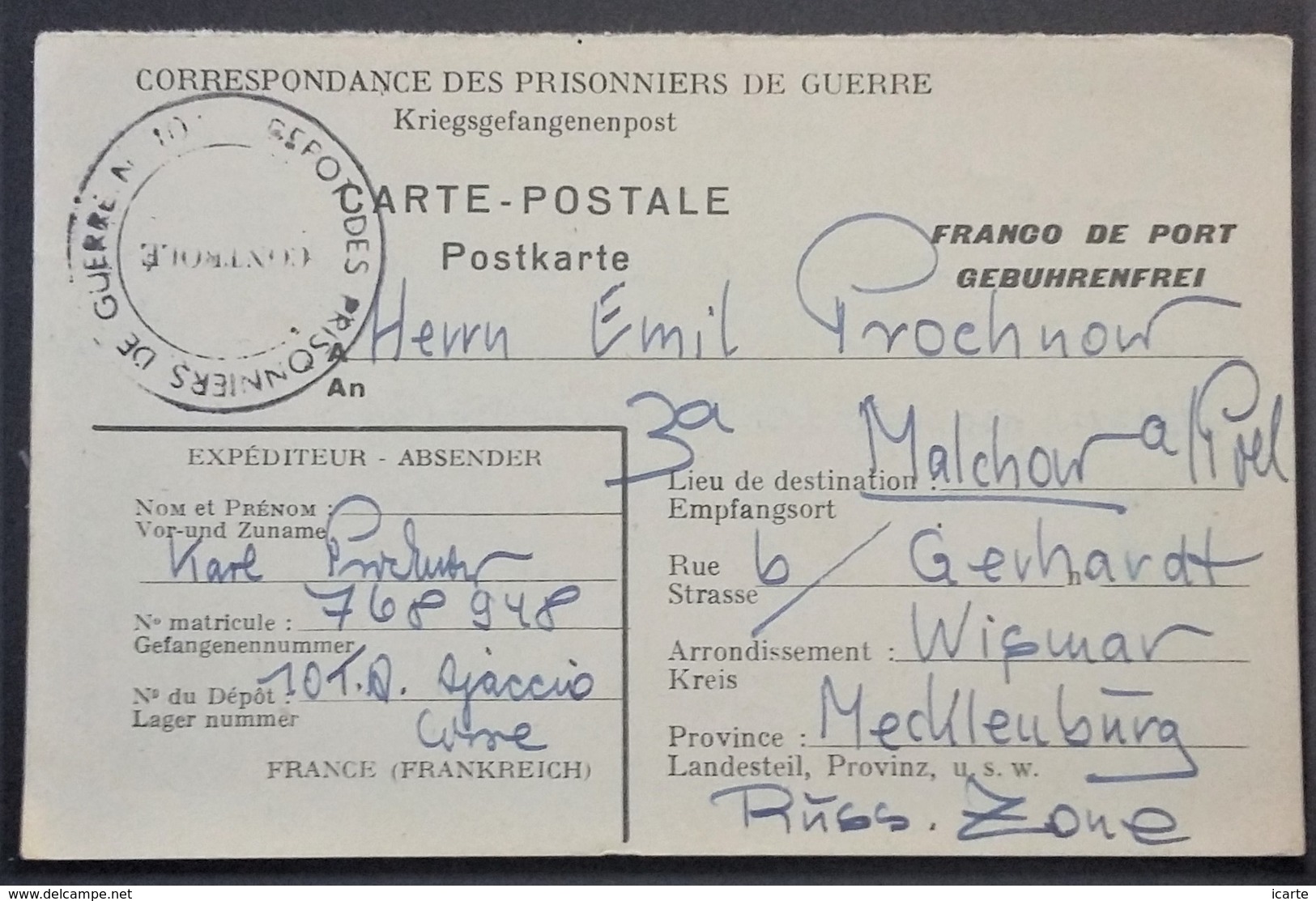 CP Prisonnier De Guerre Allemand Dépôt AJACCIO CORSE Vers Malchow Wismar Octobre 1947 Franchise Militaire - Guerra De 1939-45