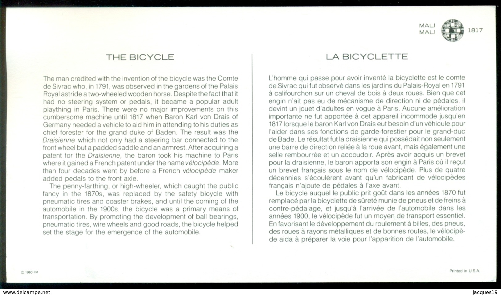 History Of Transportation Republique Du Mali The Bicycle Card - Other & Unclassified