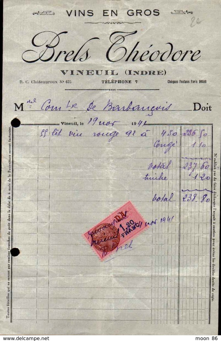 1941 - COURRIER  A ENTETE -VINS EN GROS  BRELS THEODORE A VINEUIL INDRE - TIMBRE FISCAL 1,20 F DA - 1900 – 1949