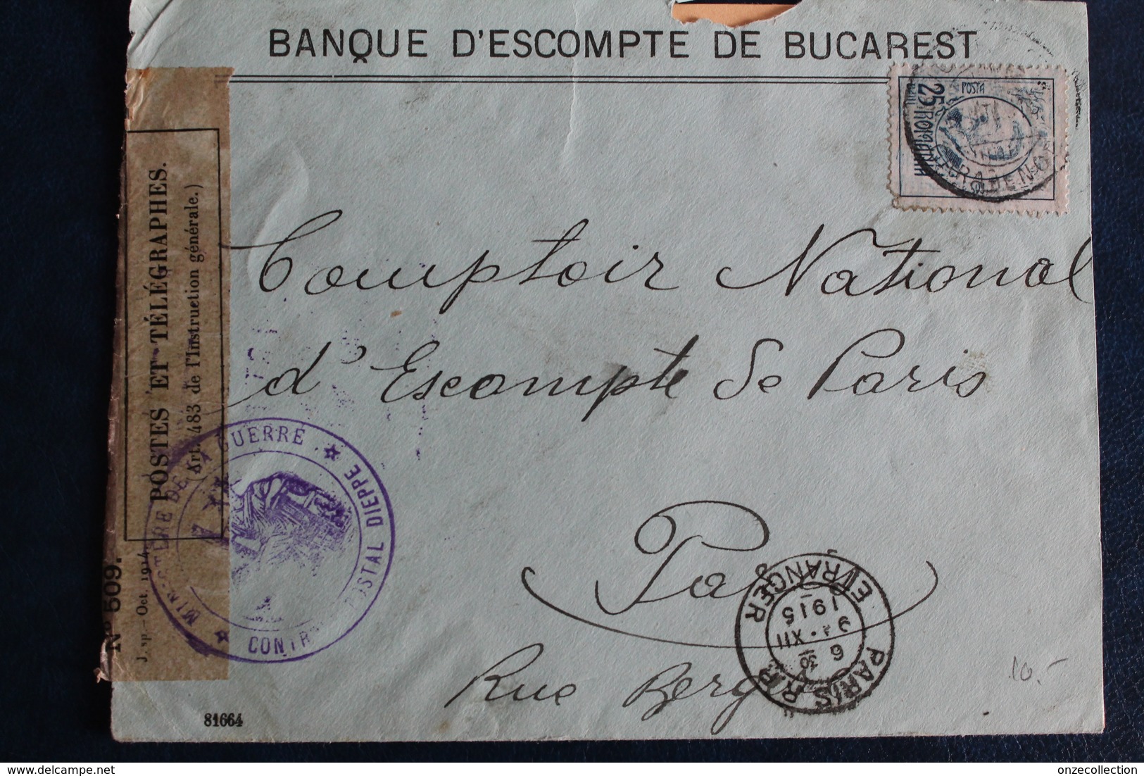 1915       LETTRE DE  ROUMANIE  POUR  PARIS     AVEC  CACHET  MILITAIRE  DE  CONTROLE  POSTAL  DE  DIEPPE    2  PHOTOS - 1. Weltkrieg 1914-1918