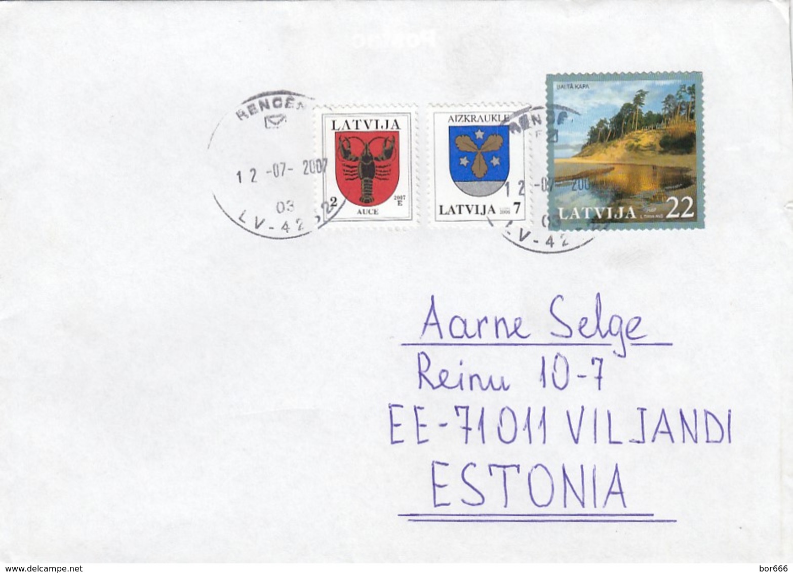 GOOD LATVIA Postal Cover To ESTONIA 2007 - Good Stamped: Landscape ; Coat Of Arms - Lettonie