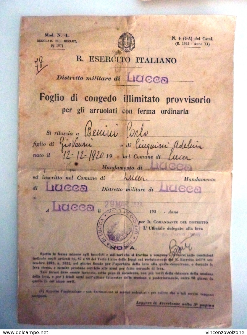 Documento Militare "R. ESERCITO ITALIANO FOGLIO DI CONGEDO ILLIMITATO Distretto Militare Di Lucca" Marzo 1939 - Manoscritti