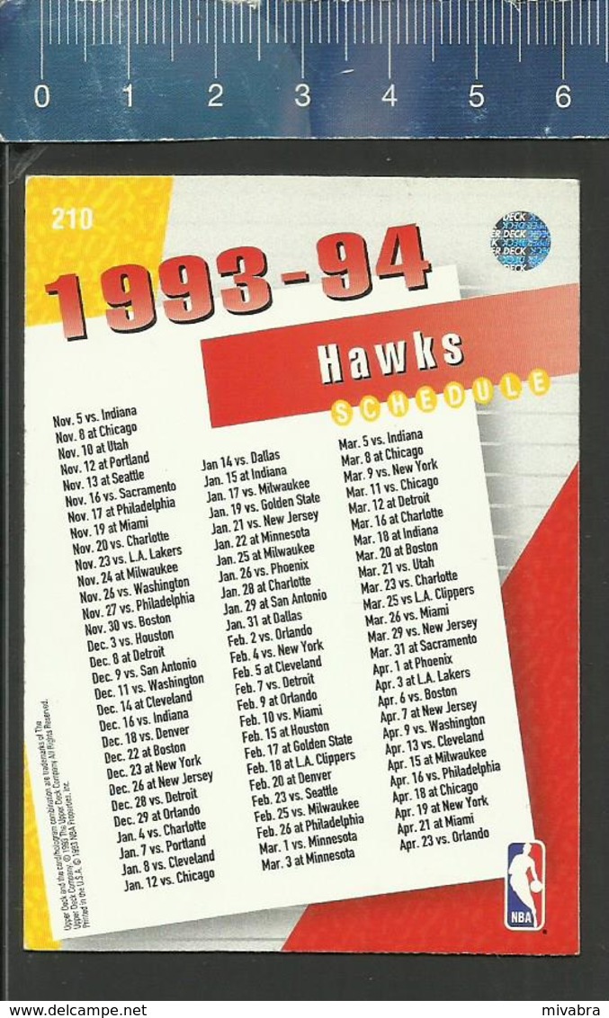 NBA UPPER DECK TRADING CARD BASKETBALL 1993-94 SCHEDULE - N° 210 - HAWKS - 1990-1999